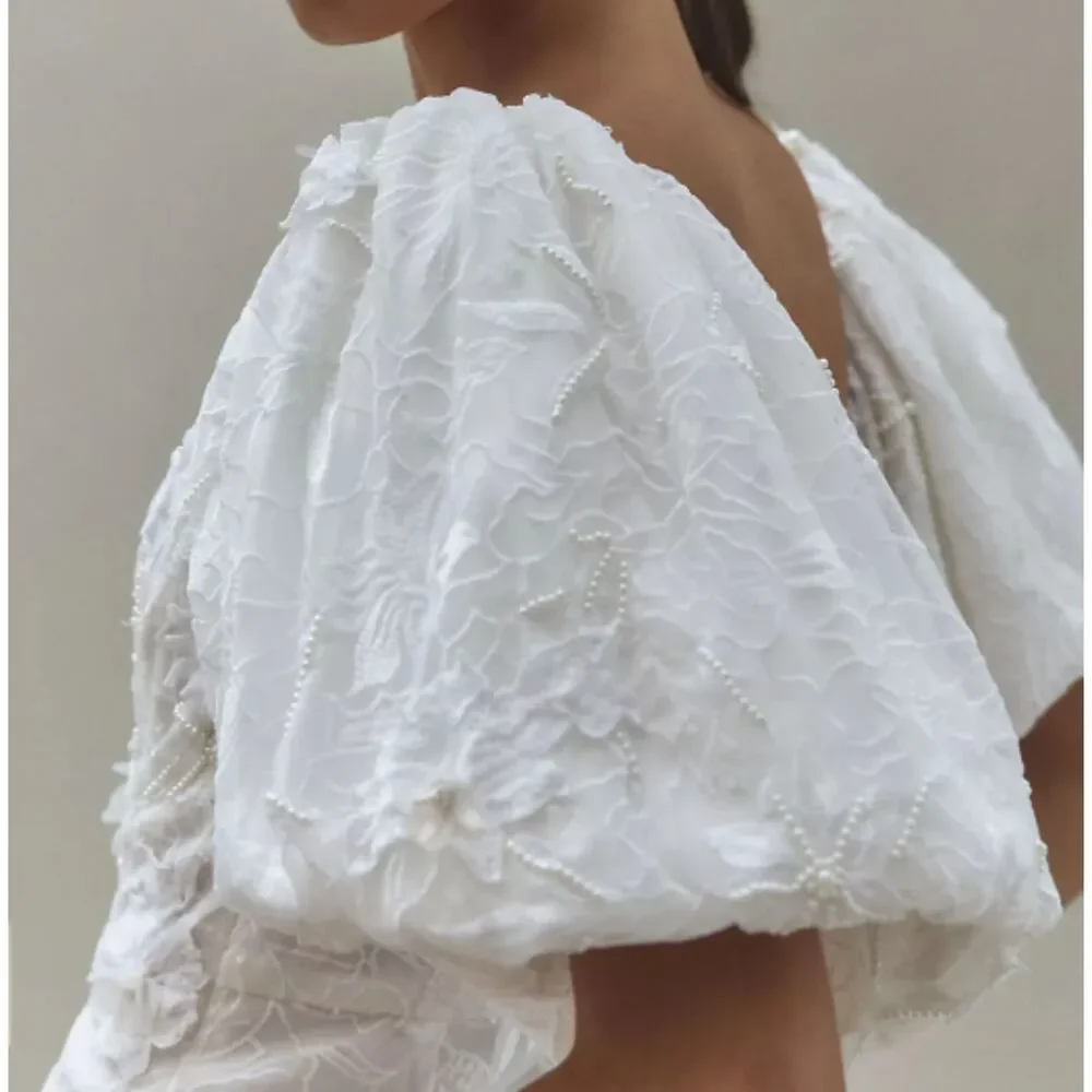 ~ BHLDN Lg 2in1 Mini Dress 3D Floral, Removable Puff-Sleeve Large Wedding Bridal - Picture 15 of 16